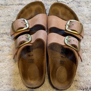 Birkenstock Arizona Light Pink Sandals with Gold Buckles